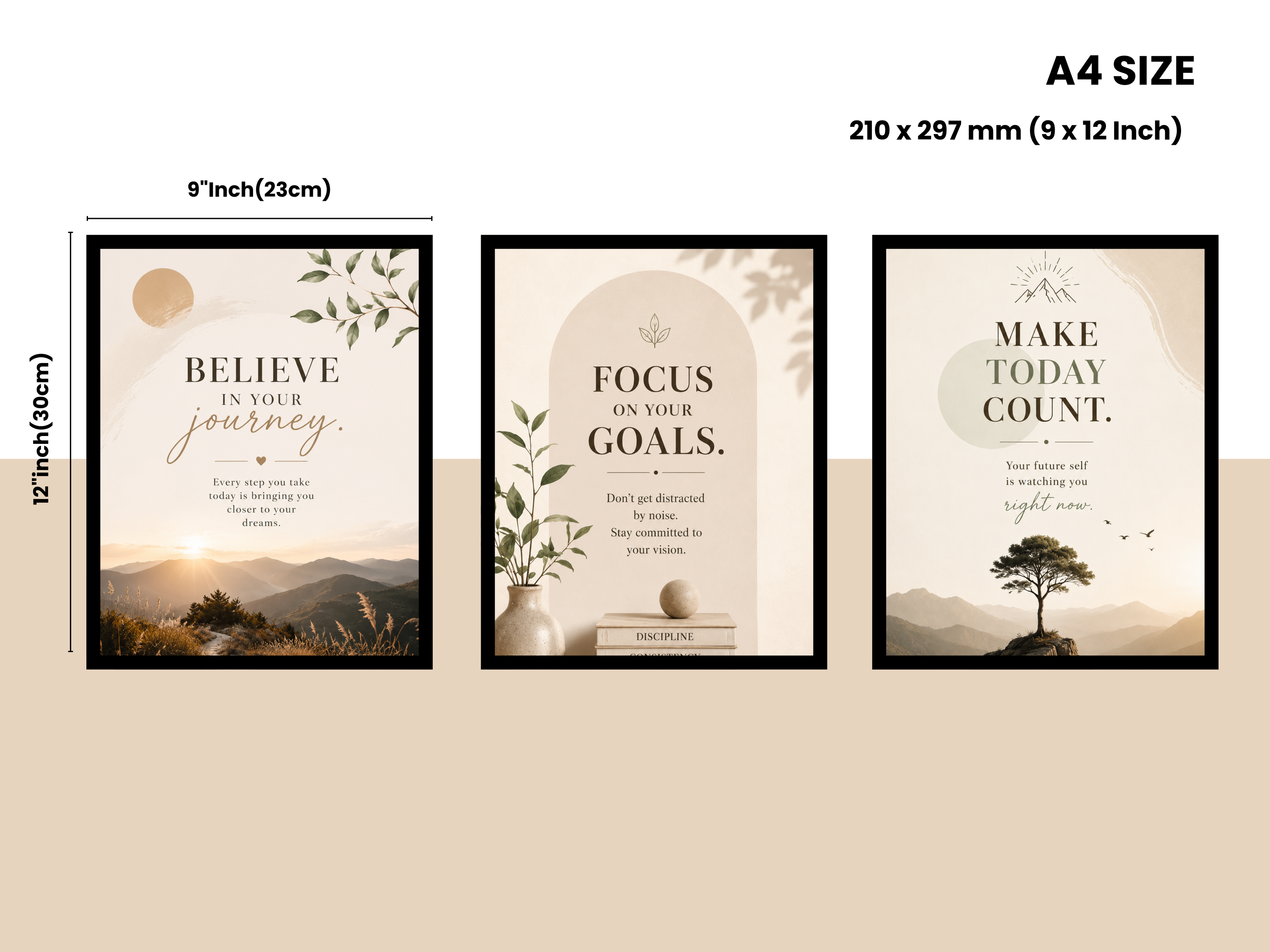 Set of 3 A4 Motivational Wall Frames | Black Frame | Premium Wall Decor for Living Room, Bedroom & Office