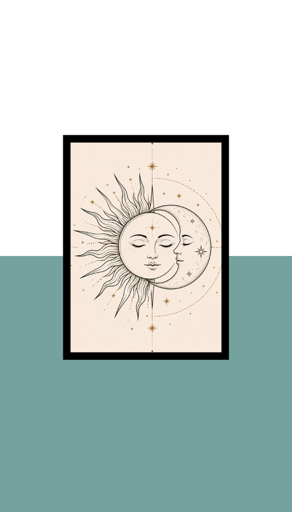 Sun & Moon Wall Art Frame | Black MDF | A4 A3 A2 A1 | Celestial Boho Bedroom Decor