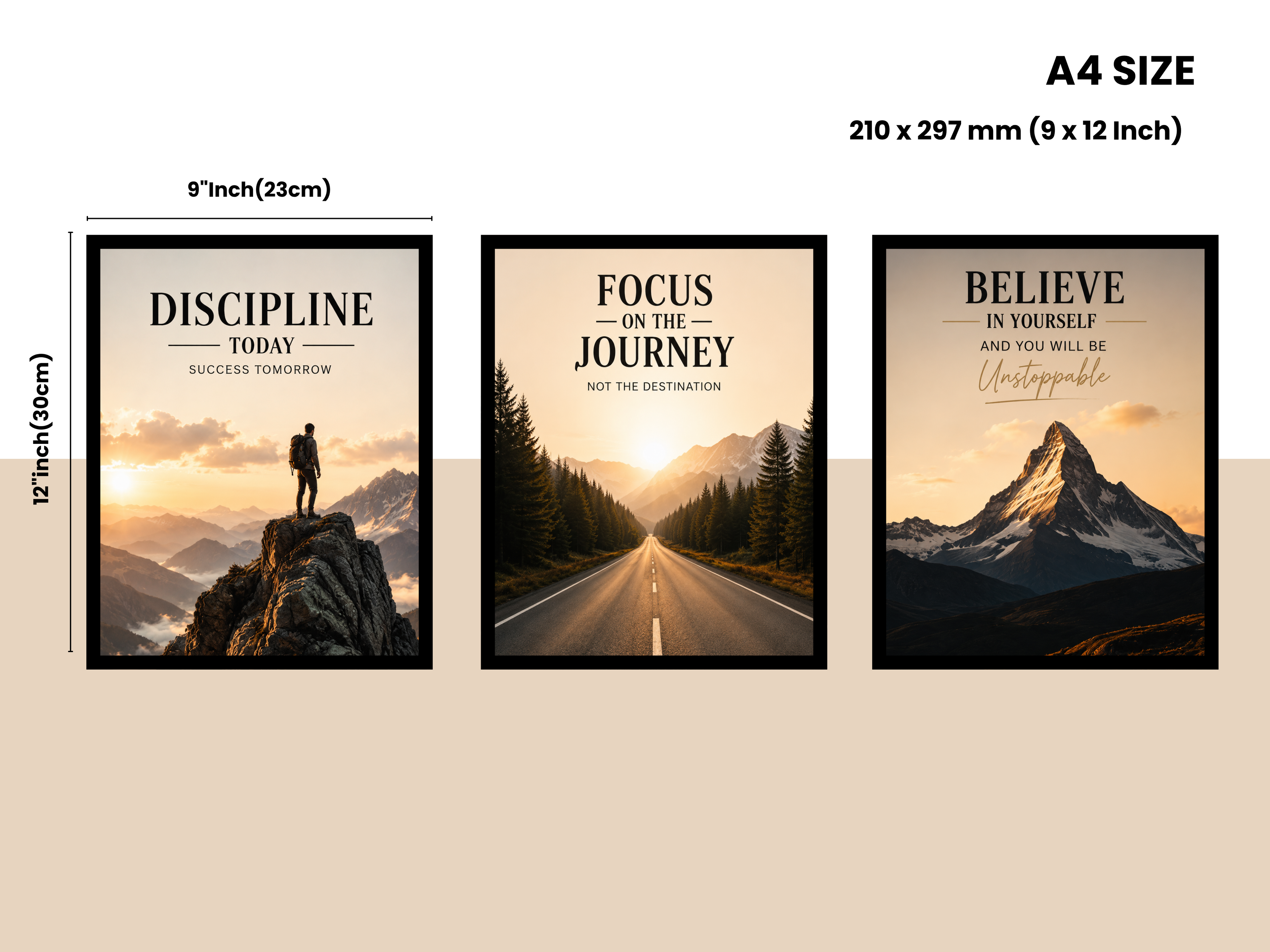 Set of 3 A4 Motivational Wall Frames | Black Frame | Premium Wall Decor for Living Room, Bedroom & Office